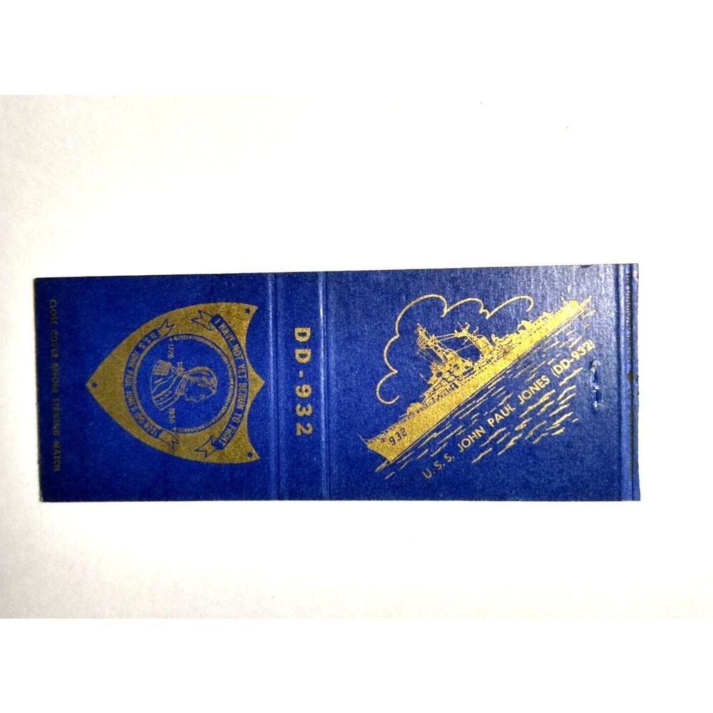 U.S.S. John Paul Jones DD 932 Naval Ship Destroyer Boat Matchbook Cover 1940's